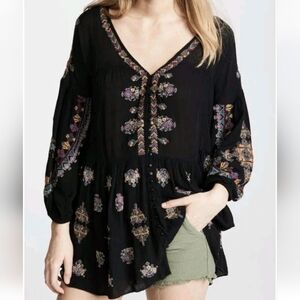 Free People Arianna Black Embroidered Boho Tunic Top Medium